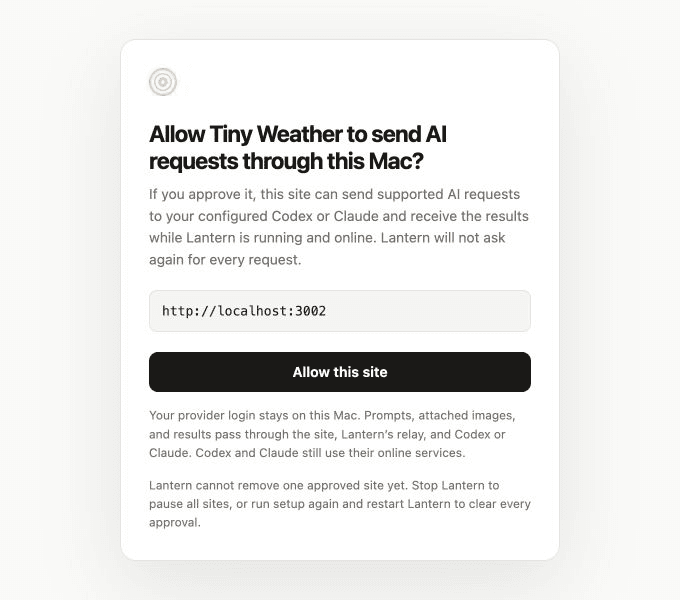 Lantern's local approval page naming Tiny Weather and its localhost origin