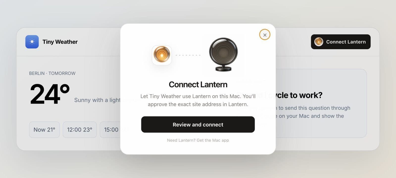 Lantern's lit and unlit connection dialog inside a Tiny Weather demo app