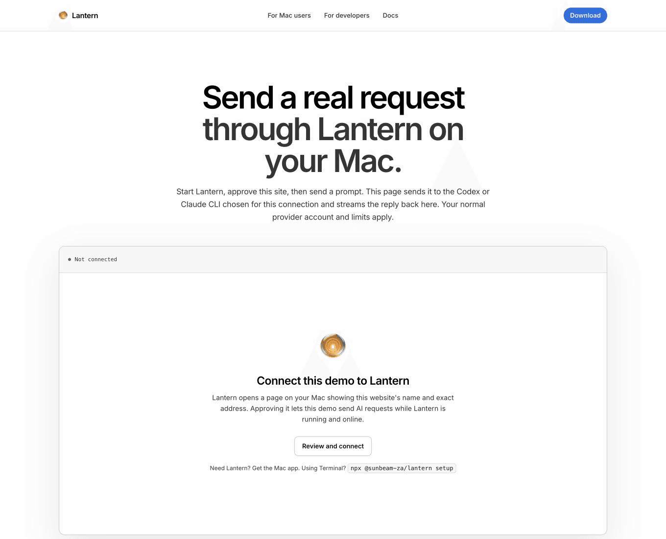 Lantern's live demo page ready to connect to Lantern on this Mac