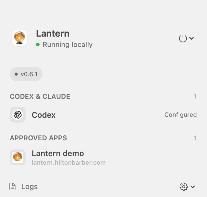 Lantern's native macOS menu showing Codex and an approved app